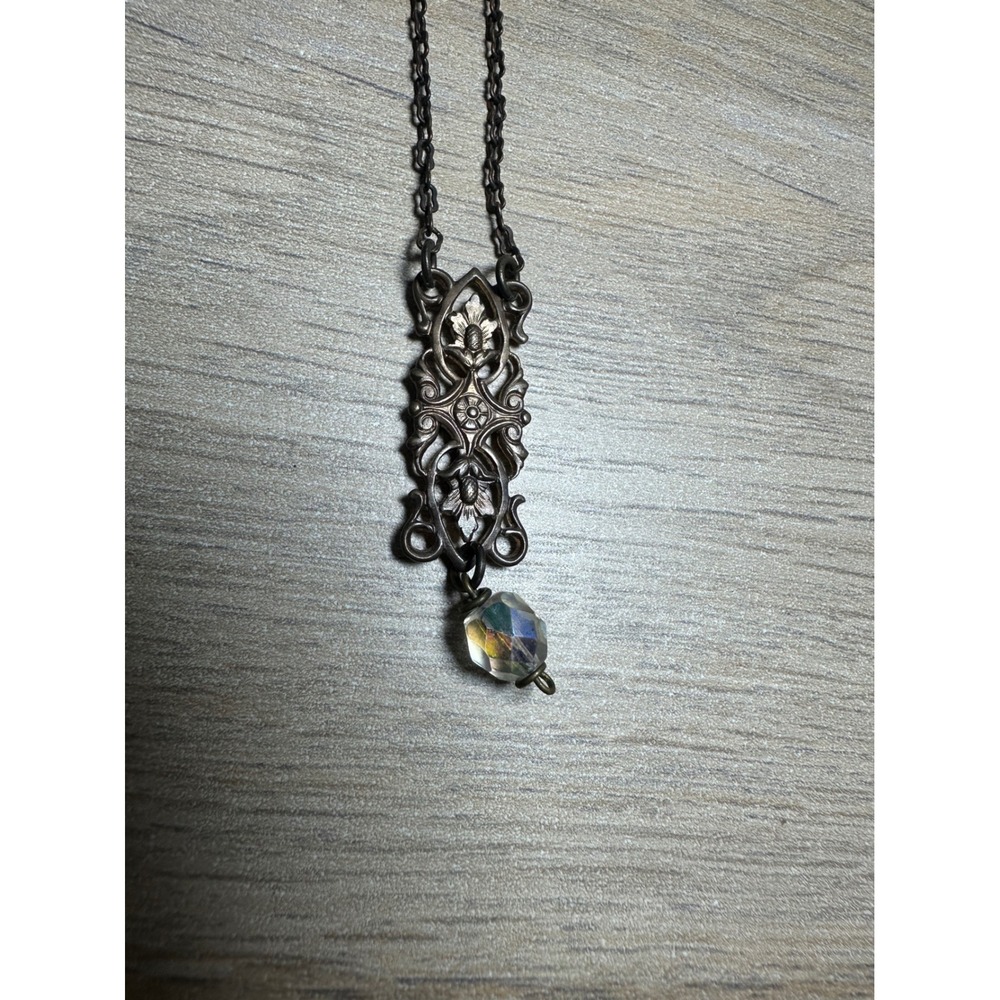 Vintage Bronze Filigree Floral Pendant Necklace Iridescent Crystal Bead Gothic